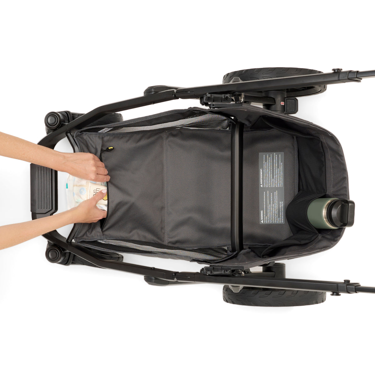 Switch&Roll Stroller – overhead basket view with diaper and cup holder