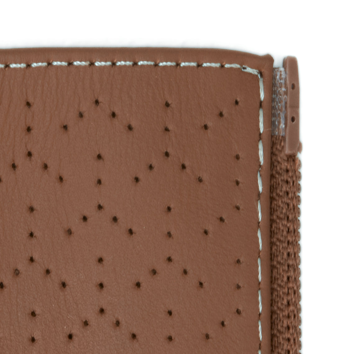 Leather Grips for Cruiser – close-up of perforated brown grip with stitching and zipper