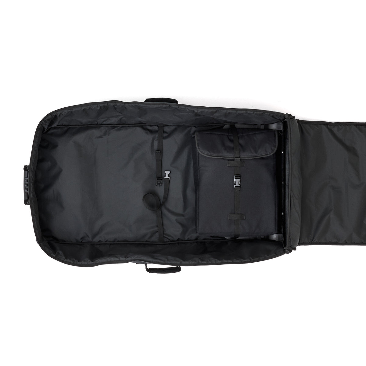 Wheeled Travel Bag for Cruisers – open black travel bag with inner straps and pouch